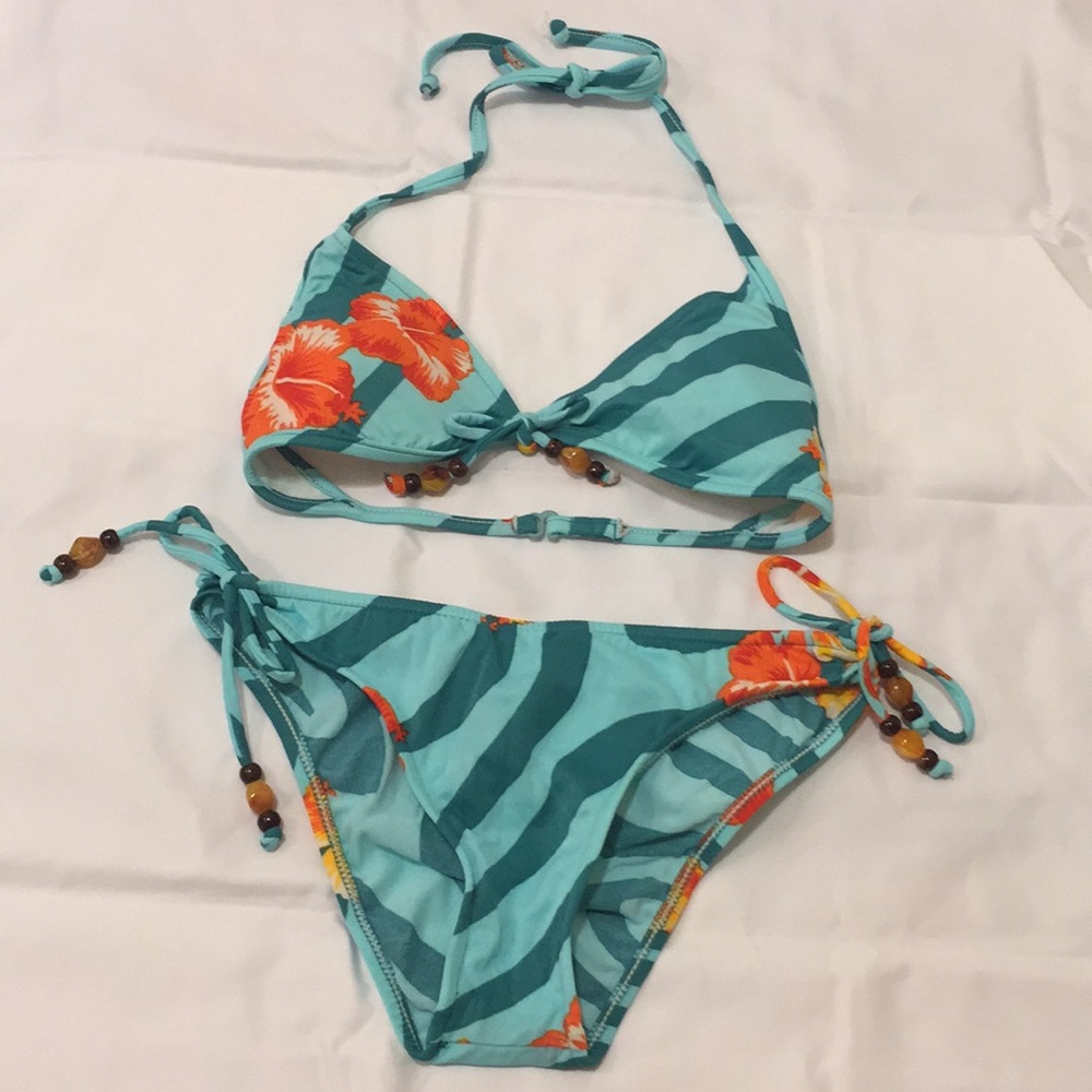 Teal Green Stripe w/ Orange Floral Bikini Swim Set